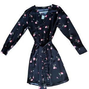 Dynamite Black Floral Button Down Wrap Dress V Neck Long Sleeves NWT Size S
